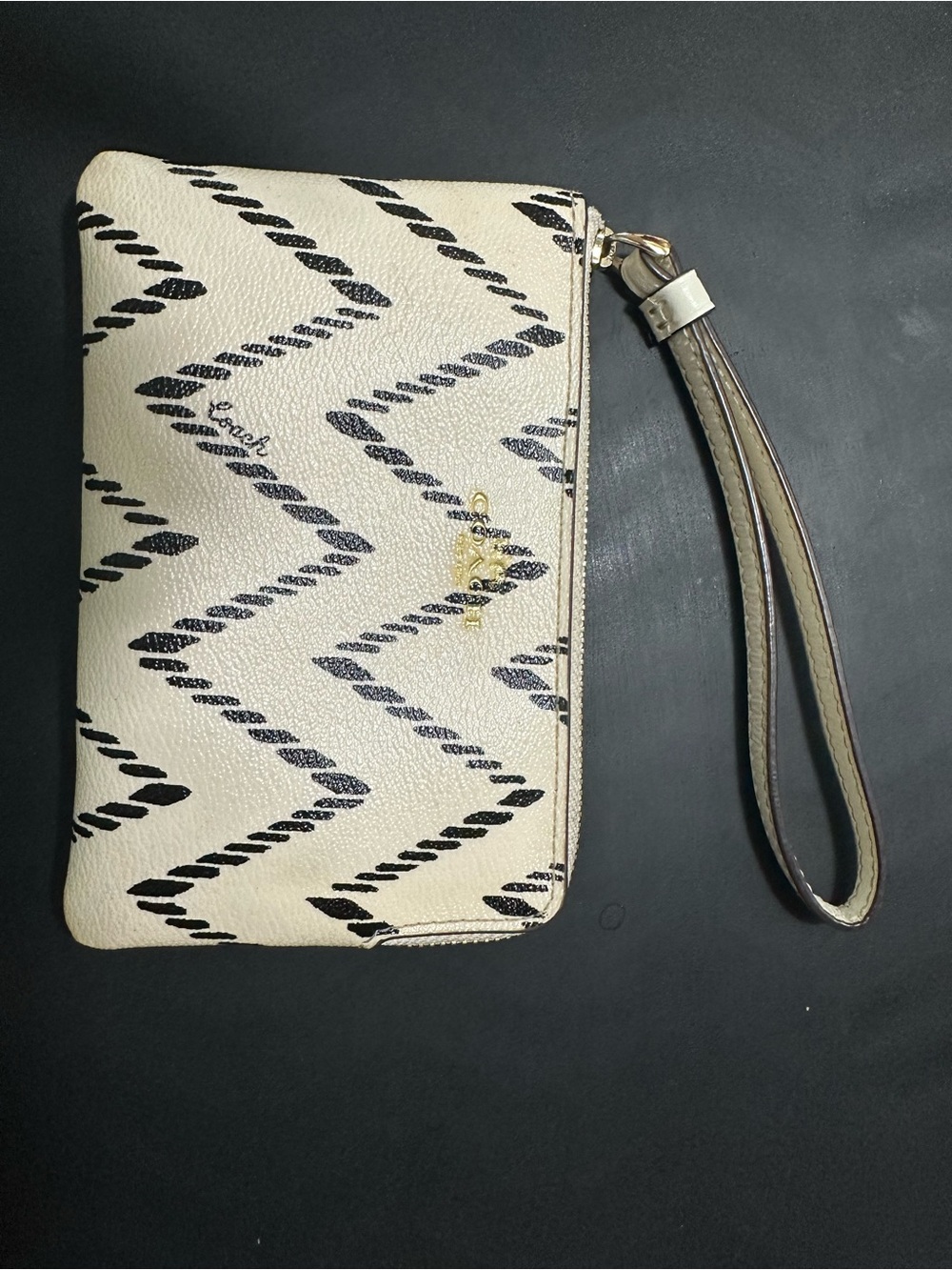 Coach Ivory and Black Chevron Wristlet with Gold Logo